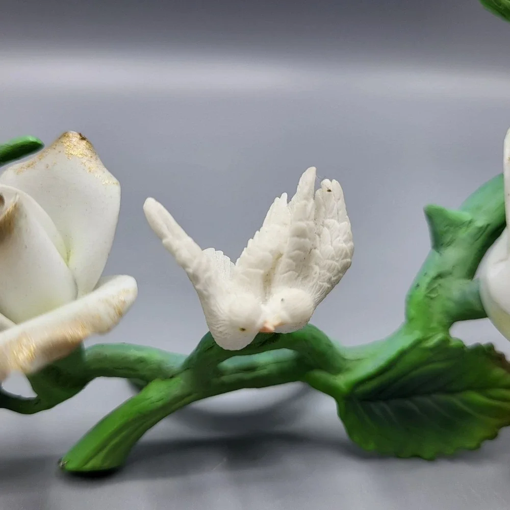 Vintage Metal And Porcelain Floral Figurine White Dove Shelf Decor
